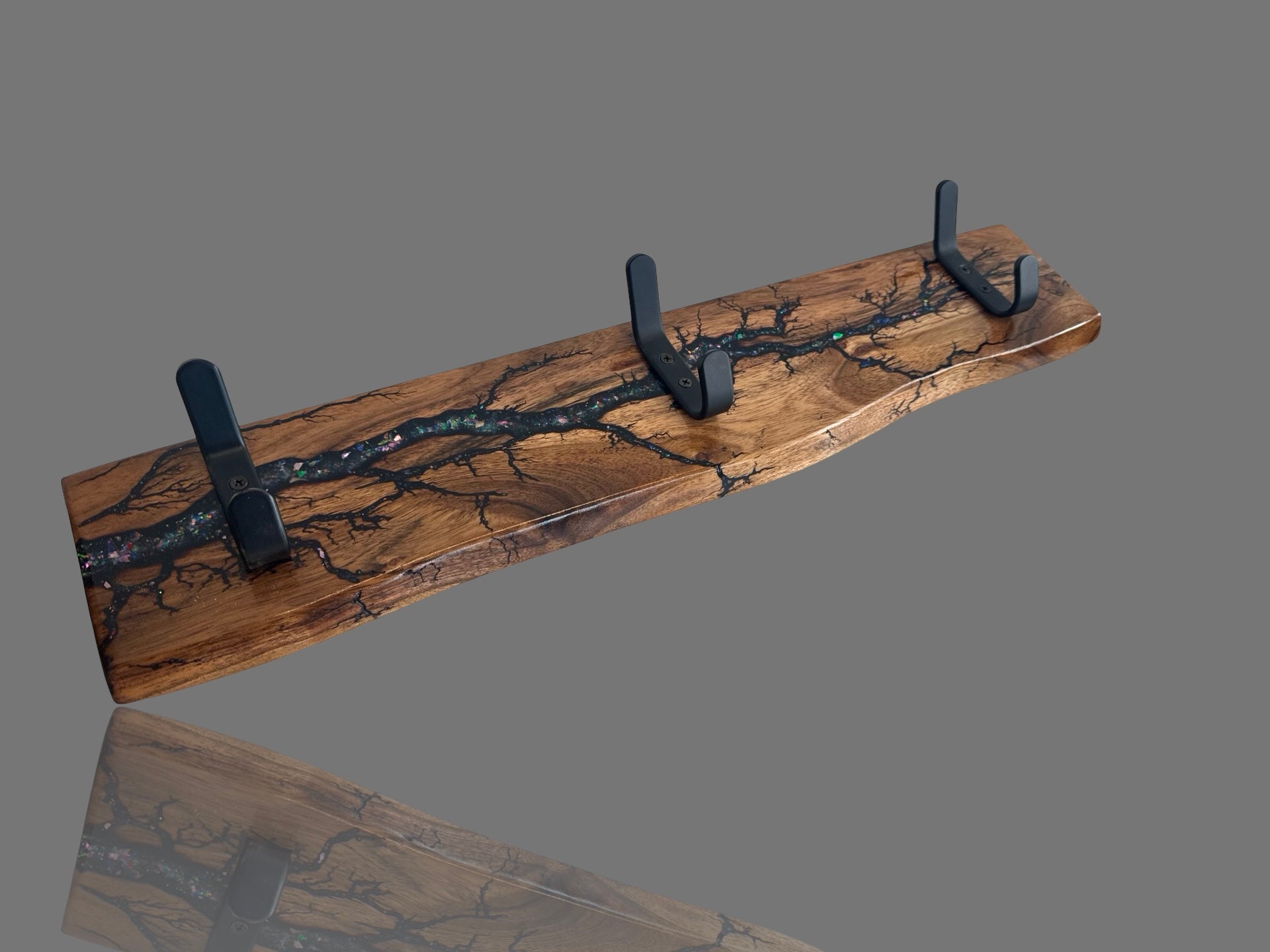 Australian-made coat rack handcrafted from timber by Fractal Flow Designs. Decorative wall-mounted rack with fractal artwork, perfect for stylish homes.
