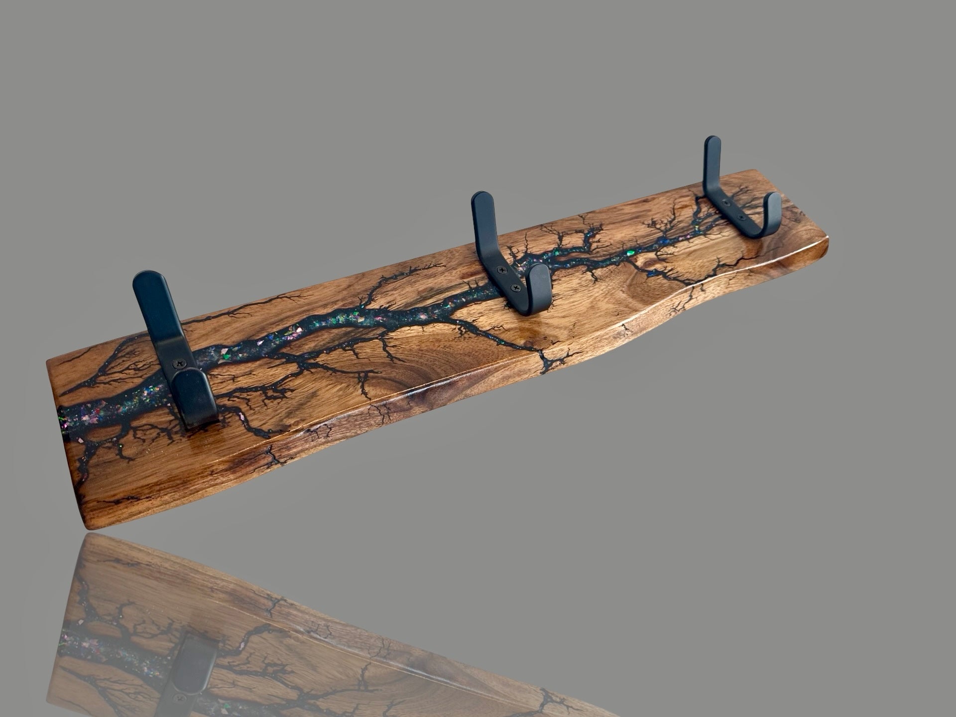 Wall-mounted coat rack handcrafted from Australian hardwood by Fractal Flow Designs. Unique fractal burning art, ideal for hallways, entryways, or bedroom storage.