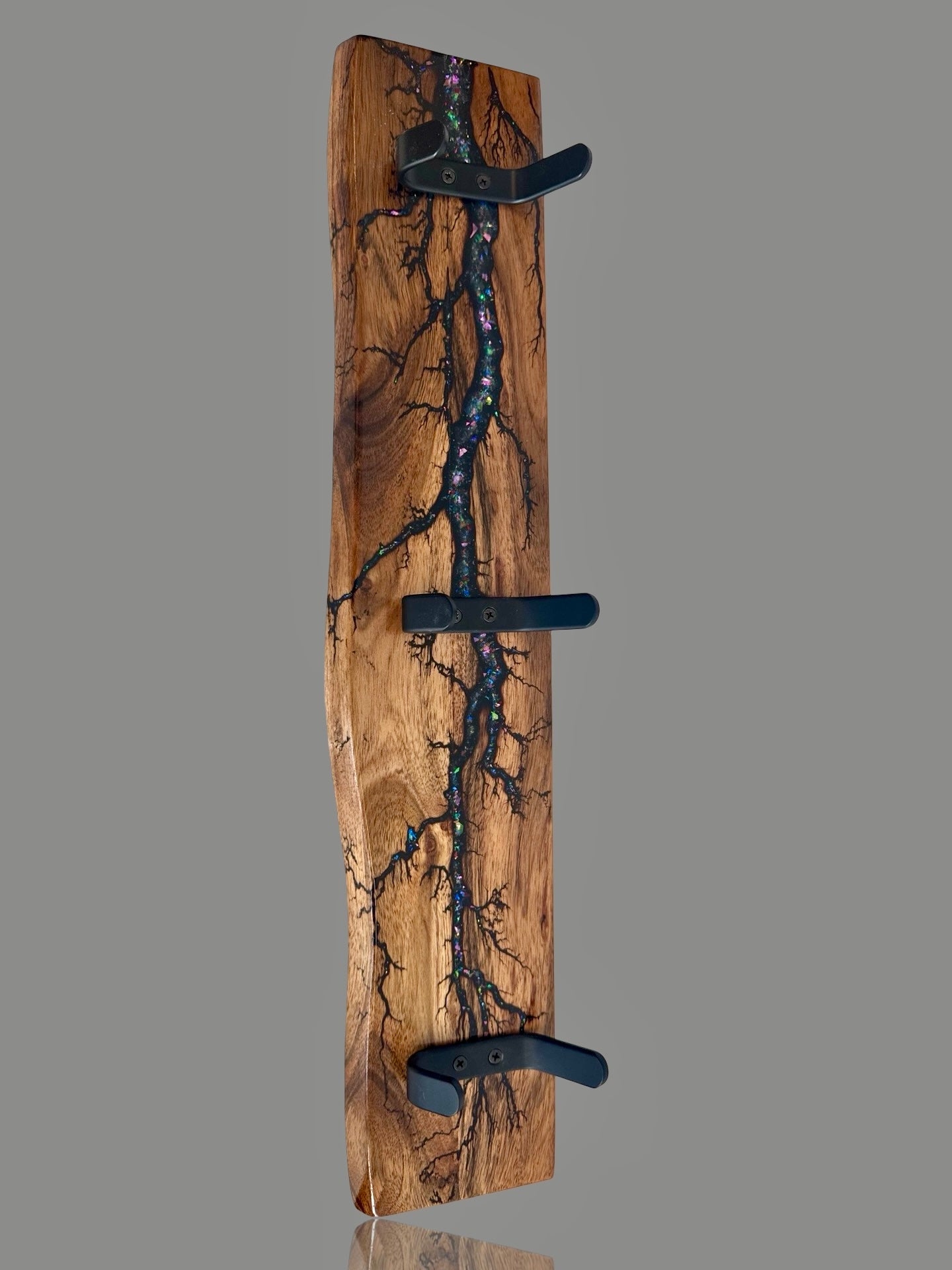 Unique timber coat rack featuring fractal burning patterns, designed by Fractal Flow Designs in Bairnsdale, Victoria. Premium Australian home décor.
