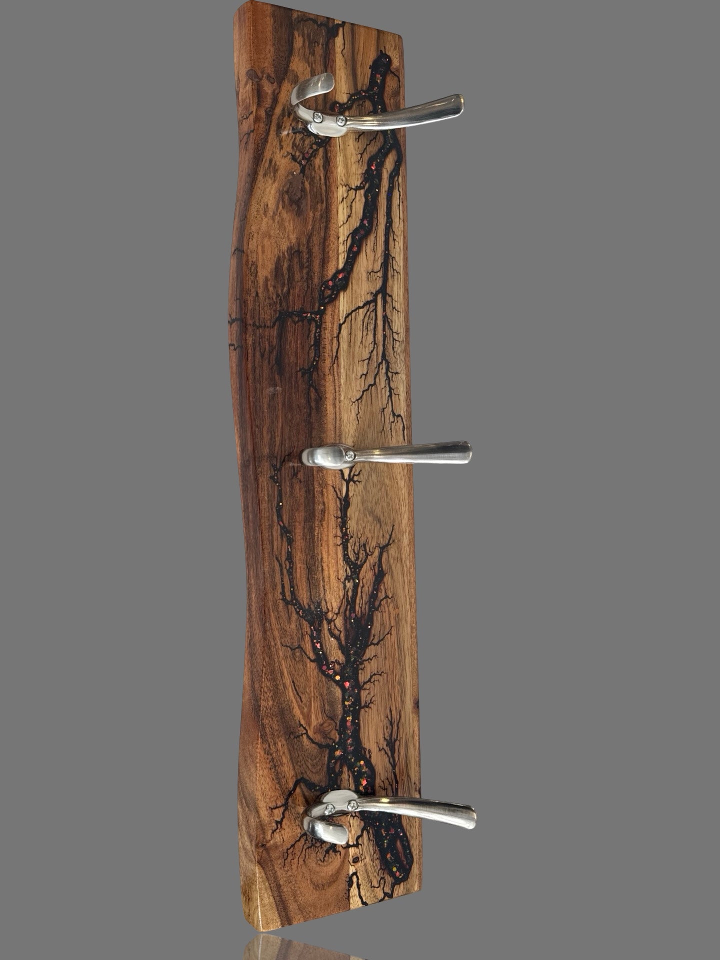 Timber wall-mounted coat rack handmade in Australia by Fractal Flow Designs. Durable artisan-crafted rack with fractal burn accents, ideal for home décor.