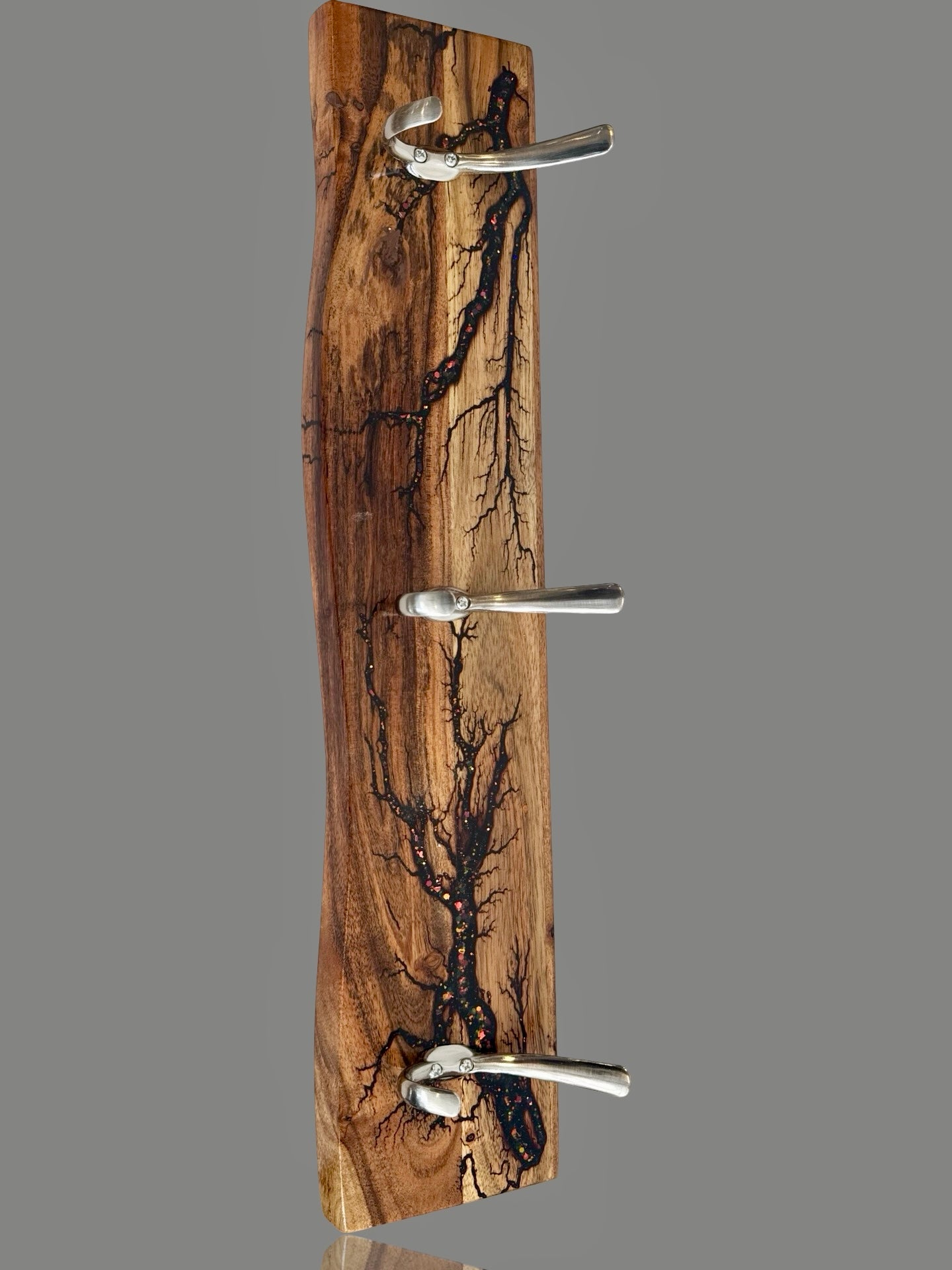 Premium handcrafted coat rack by Fractal Flow Designs. Australian timber with fractal art, made in Bairnsdale – a functional and elegant home storage solution.