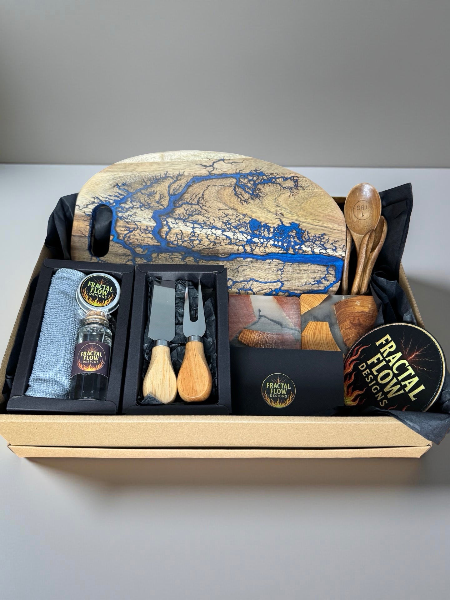 Handcrafted gift box sapphire blue resin board Australia care kit resin coasters fractal flow pen bottle opener