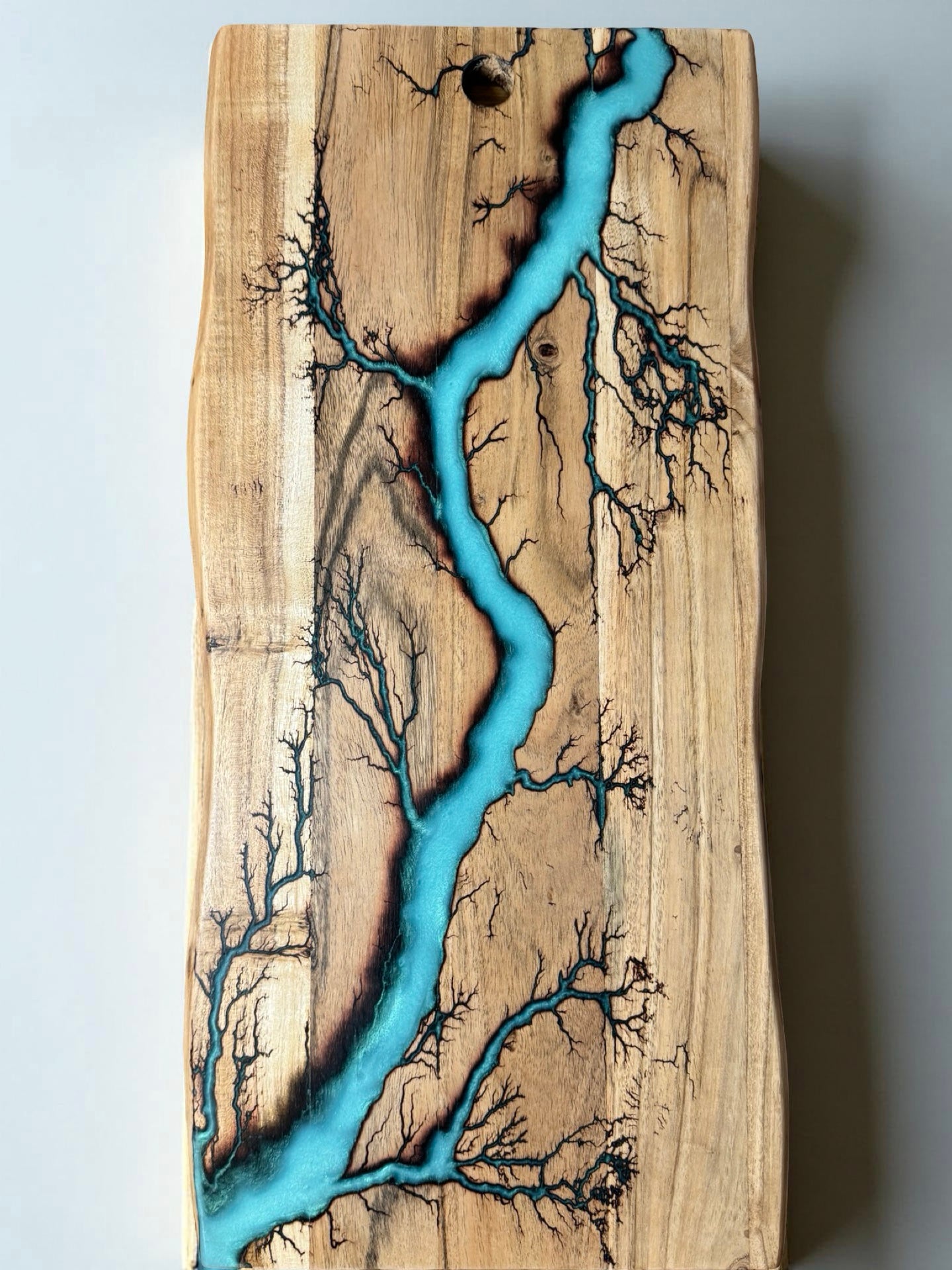 Handcrafted live edge grazing board iridescent green resin boards Australia with striking fractal burning