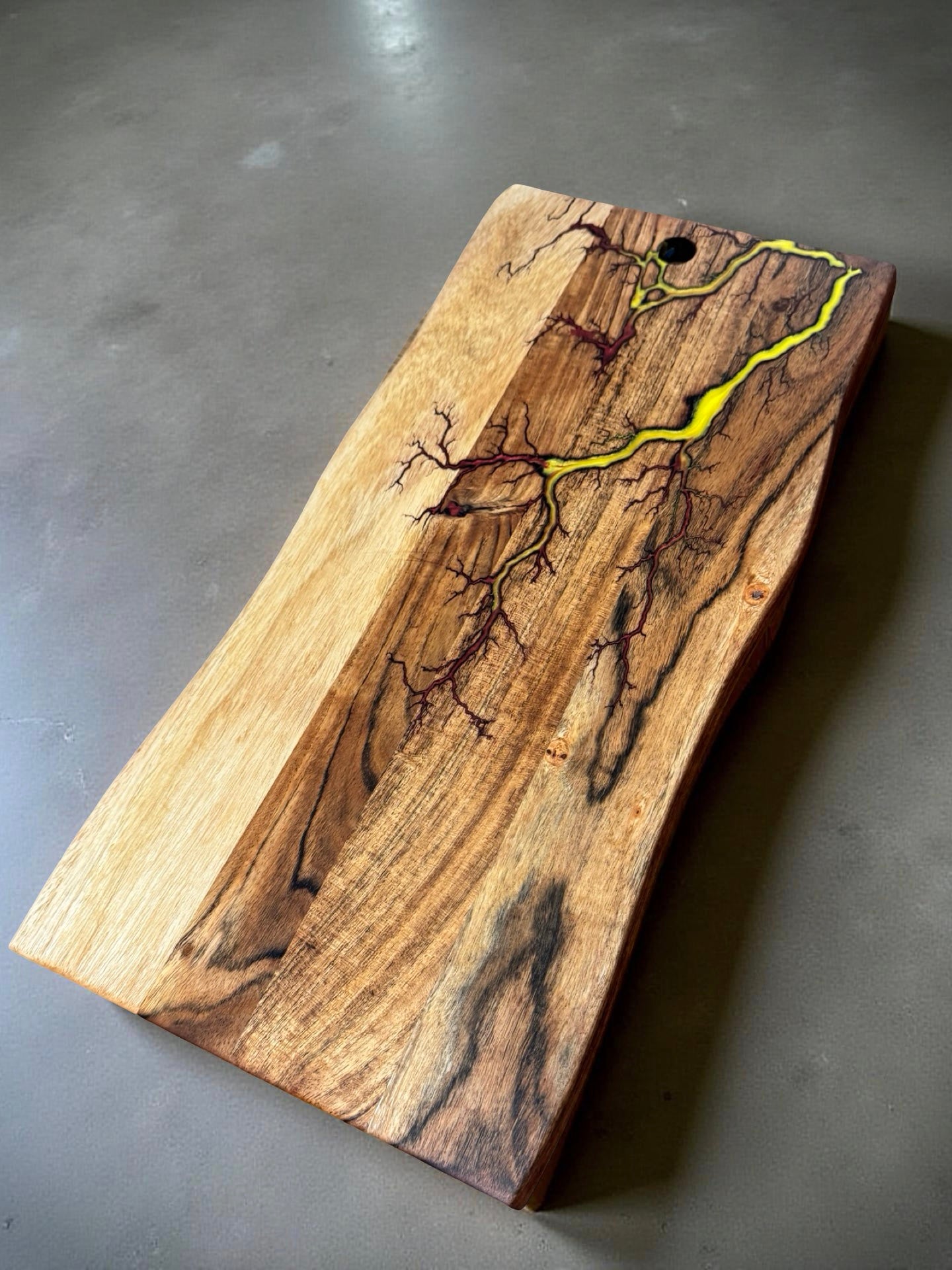 Red and yellow fire resin art serving board Australian made resin boards Australia intense fractal burn design