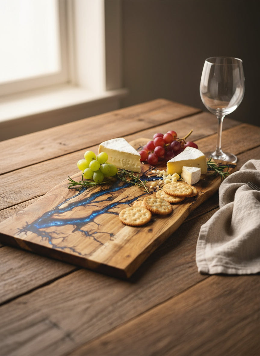 Rustic Australian live edge - blue glitters resin serving board, ideal for gifting and premium entertaining