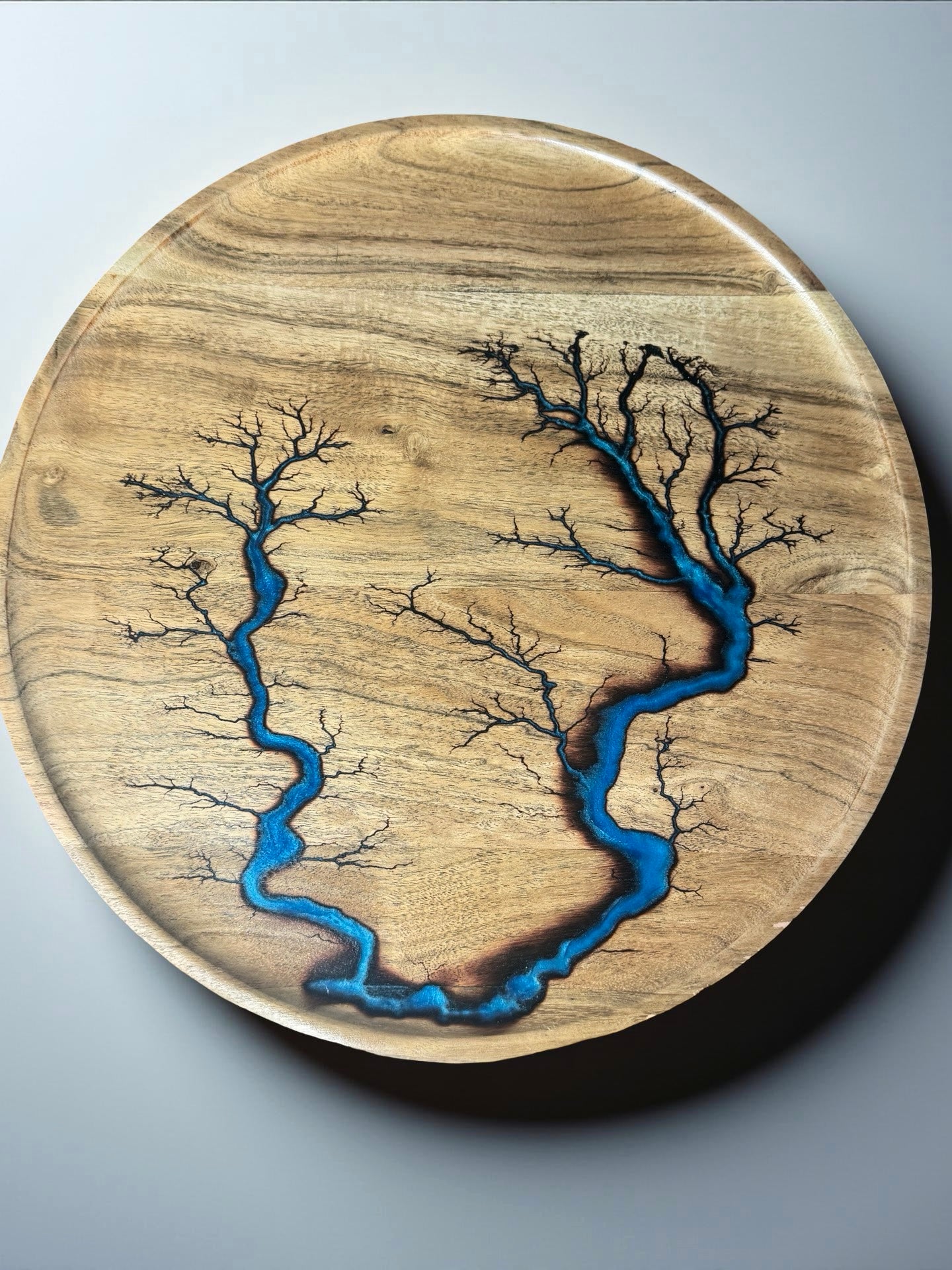 Sky blue round resin platter artisan timber board East Gippsland resin art Australia
