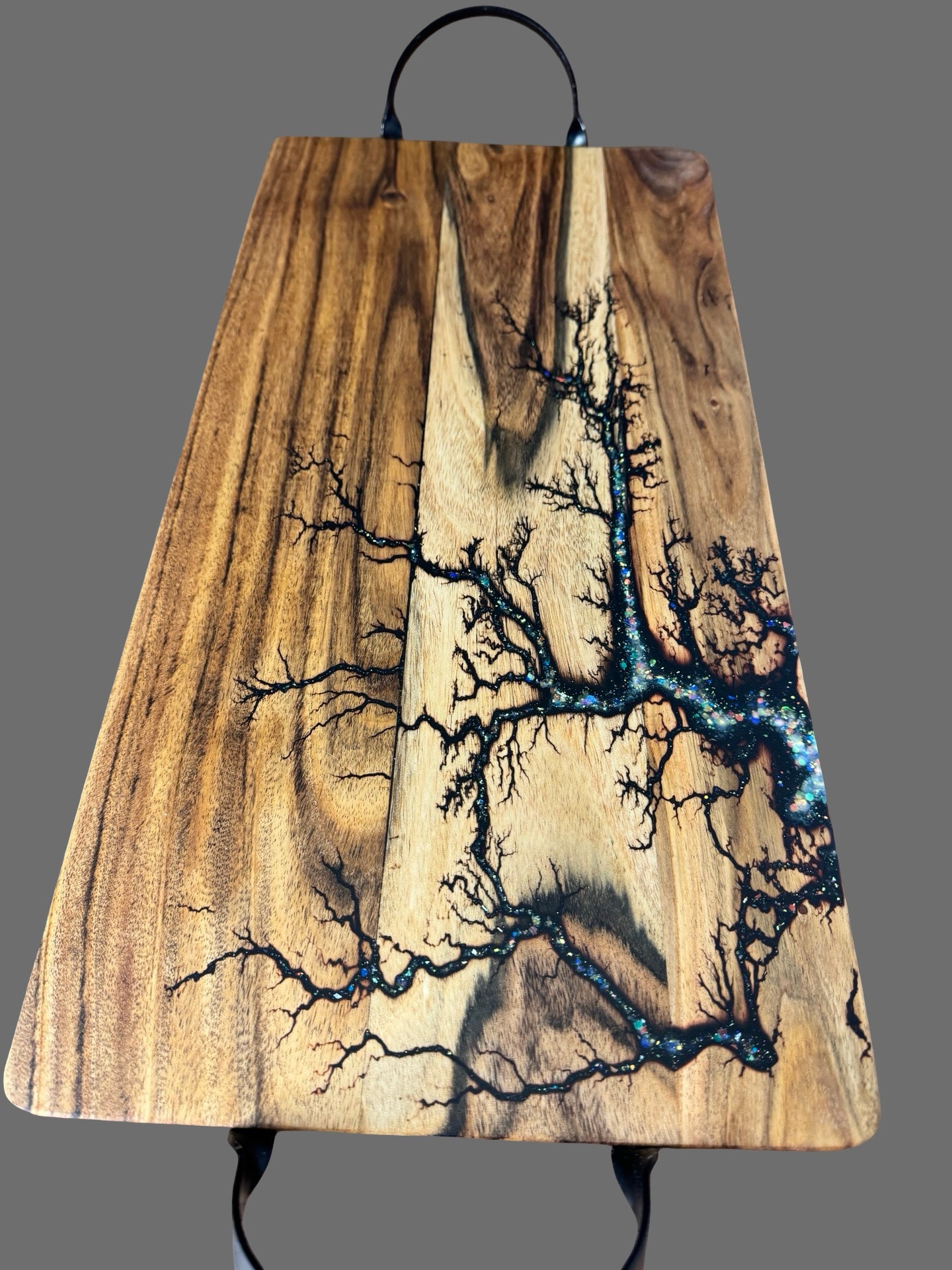 Handcrafted timber and resin serving platter by Fractal Flow Designs, East Gippsland — artisan Australian board with bold fractal burn pattern. Perfect for cheese - charcuterie and grazing