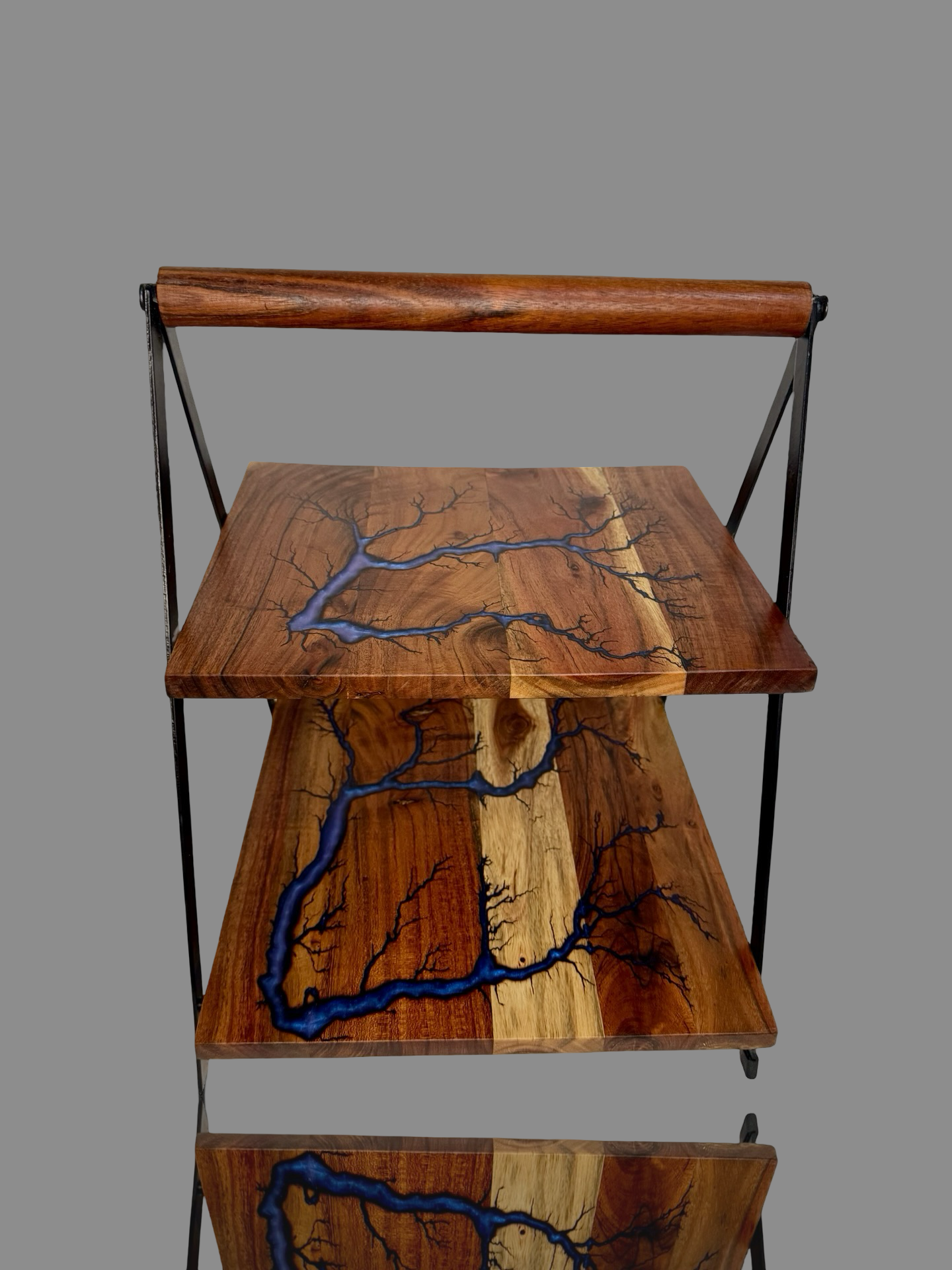 Unique fractal-burned resin cake stand – handcrafted timber serving pedestal by Fractal Flow Designs, Australian-made, ideal for cakes, cupcakes, and grazing spreads